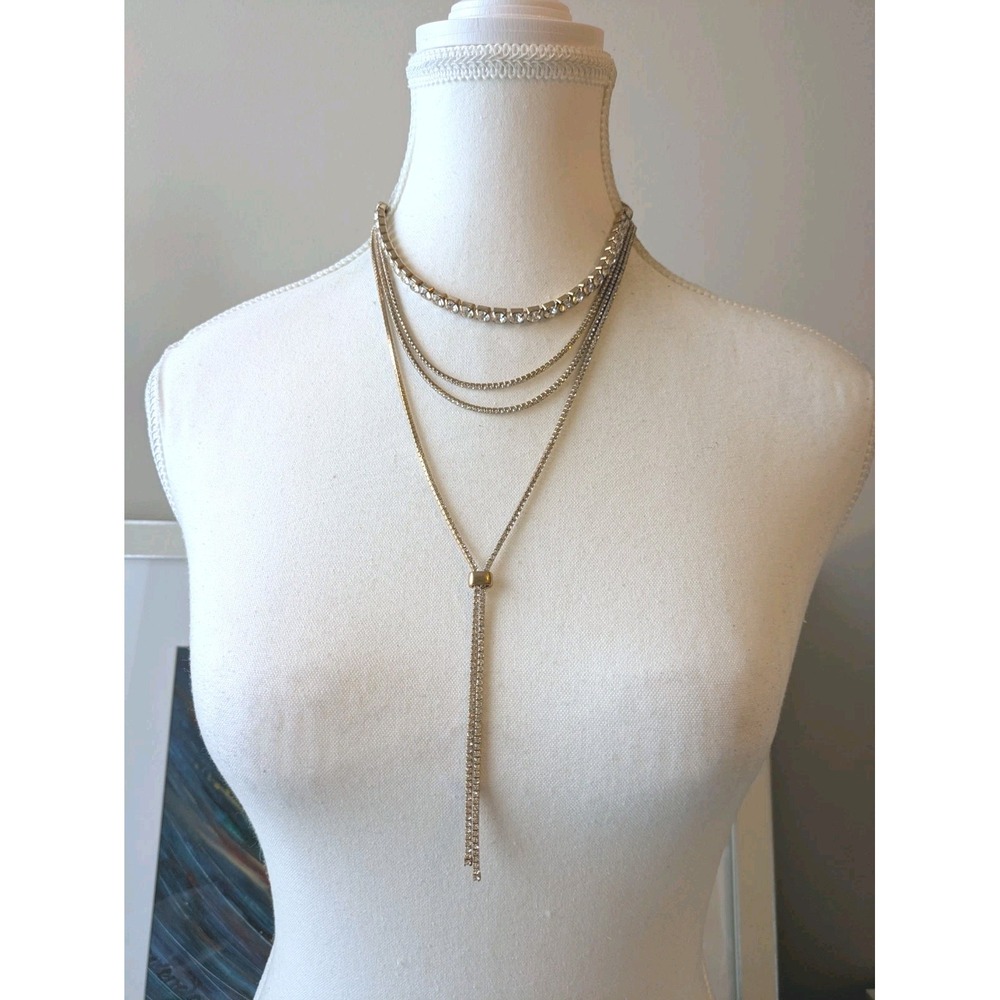 Gold Tone Multi Layer‎ Necklace Rhinestone Choker Lariat Romantic Statement
